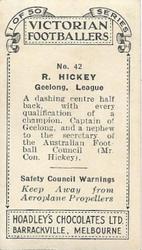 1934 Hoadley's Victorian Footballers #42 Reg Hickey Back